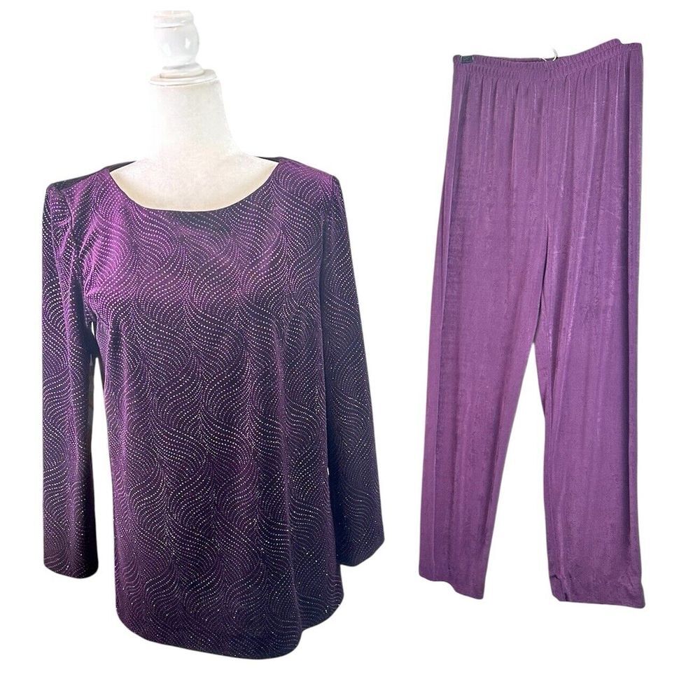 Vintage 1990s R&M Richards 8 P (M)‎ Plum Purple 2 PC Pant Suit Velvet Top Formal
